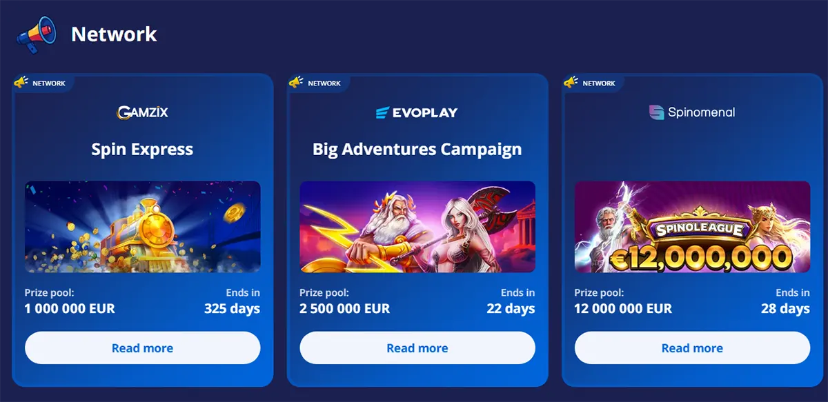Network promotions screen featuring three campaign cards (Gamzix Spin Express, Evoplay Big Adventures, and Spinomenal Spinoleague) with banner images, prize pools, countdown timers, and “Read more” buttons.