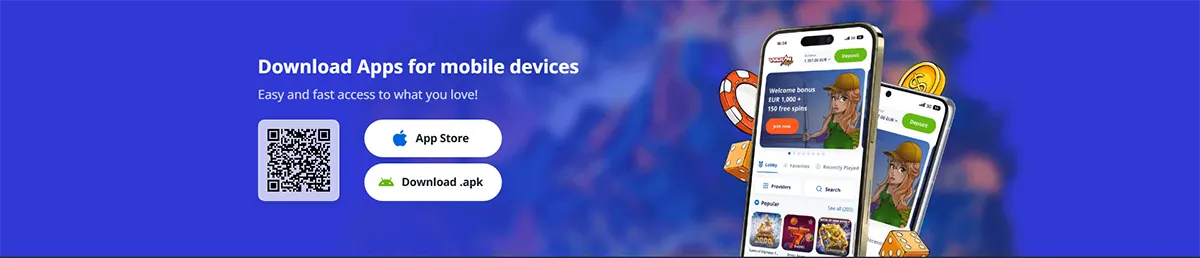 Banner promoting mobile app downloads with a QR code, App Store and APK buttons, and smartphone mockups showing a casino app interface with dice and coin graphics.
