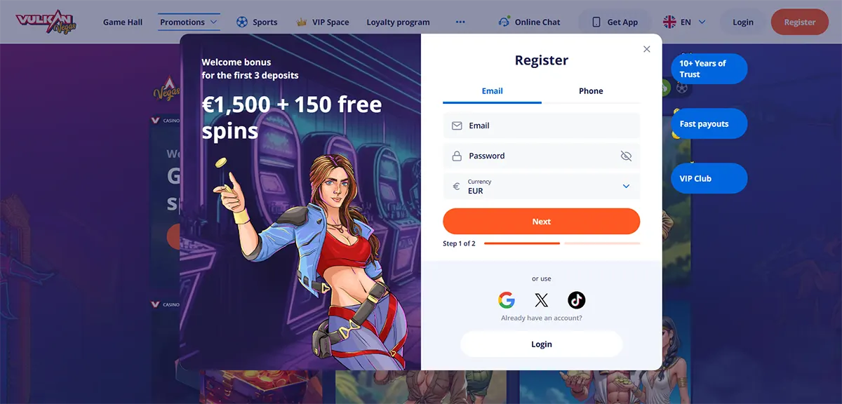 Registration pop-up on the Vulkan Vegas promotions page showing a welcome bonus (€1,500 + 150 free spins) beside an illustrated casino hostess and a sign-up form with email, password, currency and social login options.